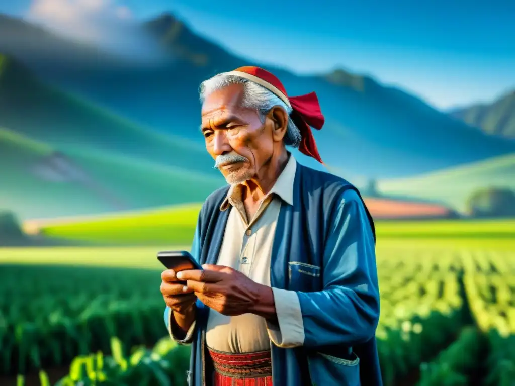 Anciano agricultor indígena usando smartphone con aplicación agrícola en campos verdes