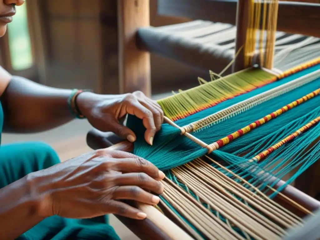 Un anciano artesano teje con destreza hilos vibrantes en un telar de madera, resaltando la herencia cultural