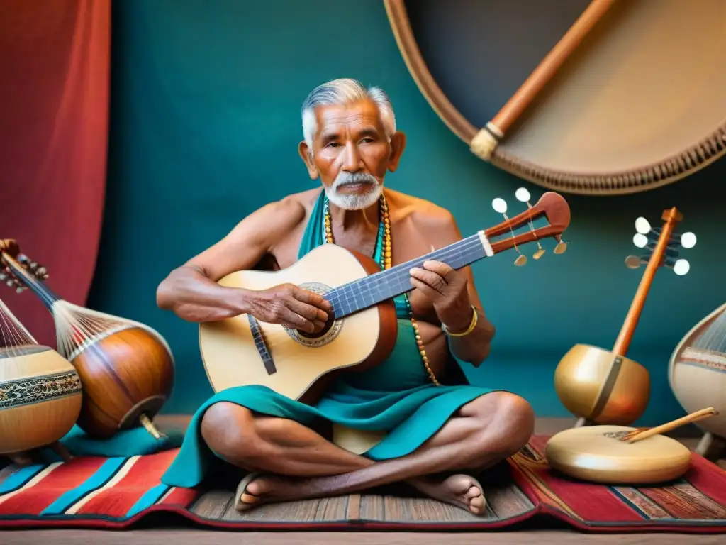 Un anciano artesano indígena sintoniza un arpa ancestral entre instrumentos tradicionales