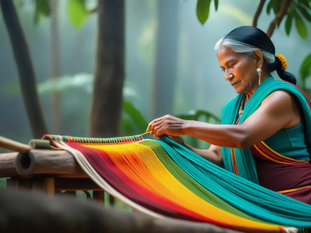 Un anciano artesano indígena manipula hilos coloridos, rodeado de elementos culturales en la selva