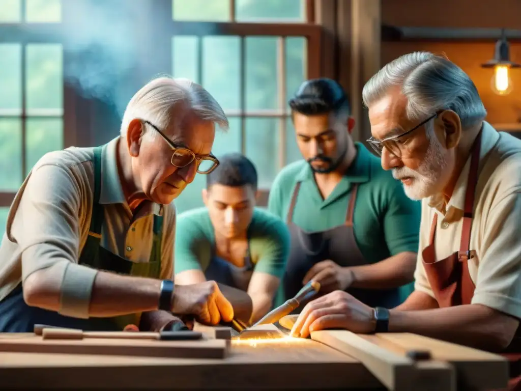 Un anciano artesano talla diseños en madera, rodeado de jóvenes aprendices, en un taller iluminado por la luz del sol