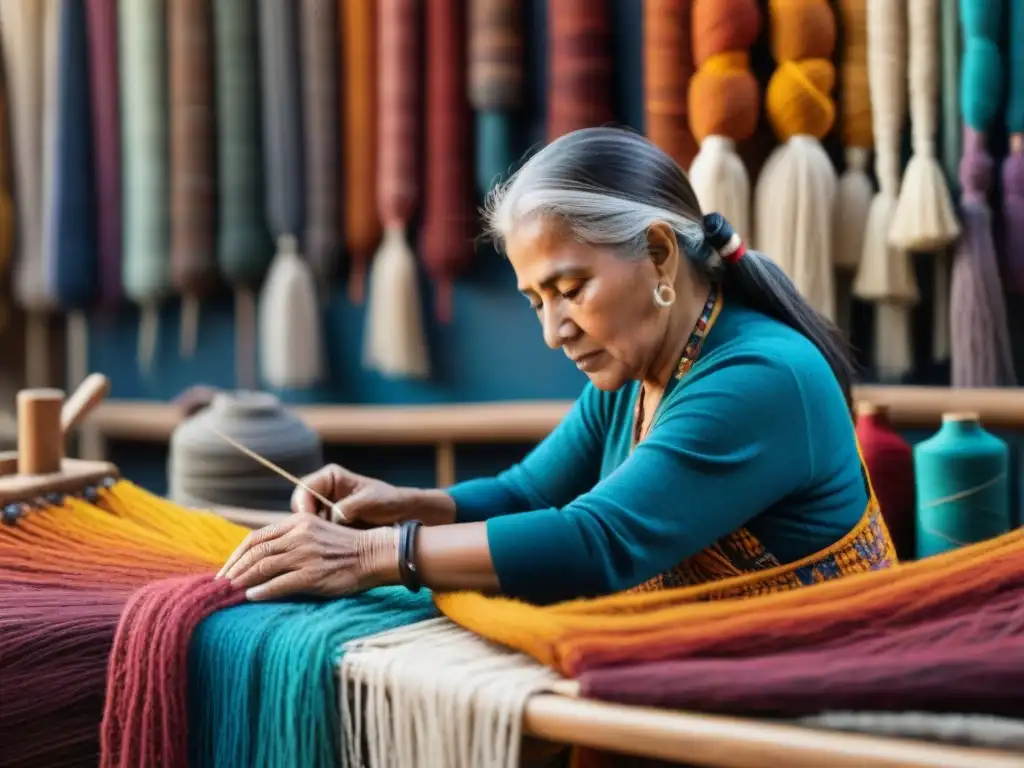 Un anciano artesano guía hilos en un tapiz complejo, rodeado de tintes naturales y telares, en una escena de Arte textil indígena contemporáneo