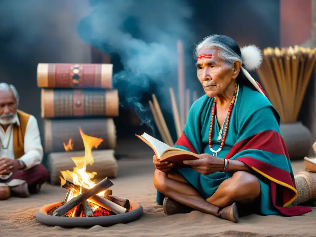 Un anciano autor indígena conserva herencia ancestral, compartiendo historias junto al fuego