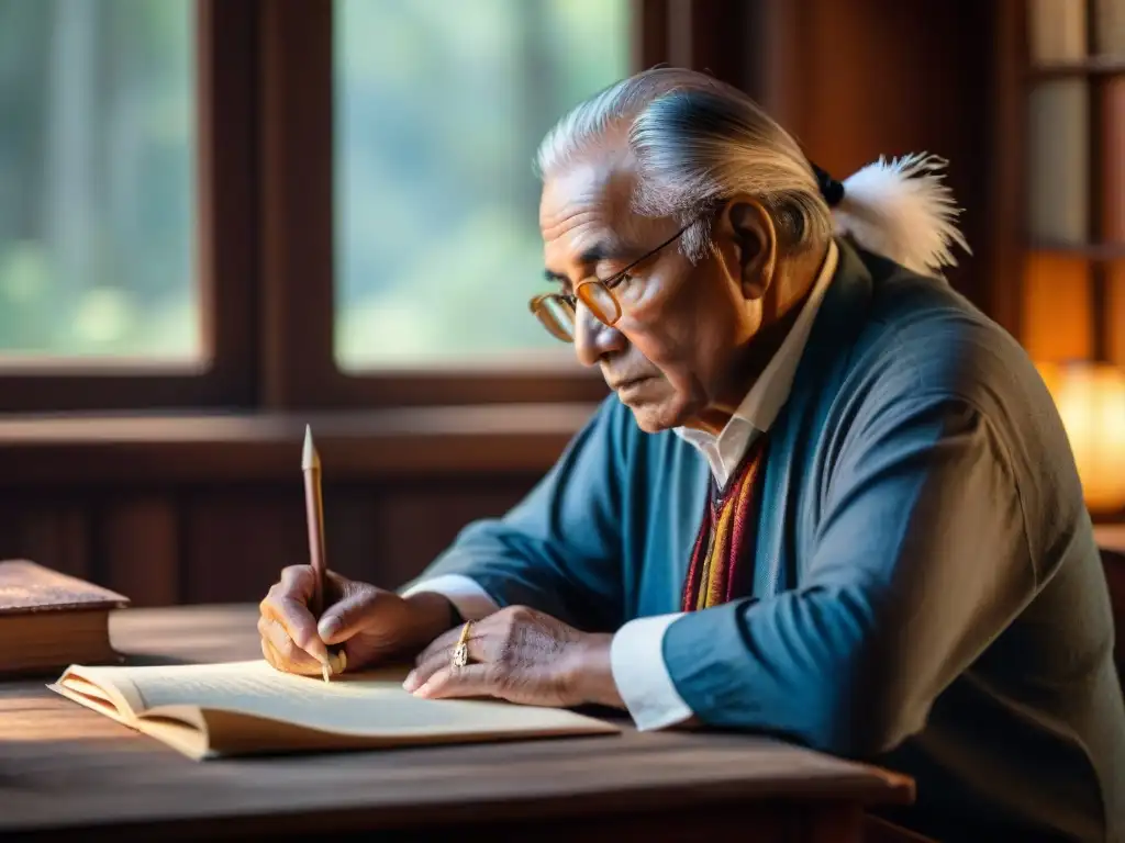 Escritor indígena en reflexión serena: tradición literaria Un anciano autor indígena, vestido con atuendos tradicionales, reflexiona en su escritorio mientras la luz solar ilumina su creación literaria