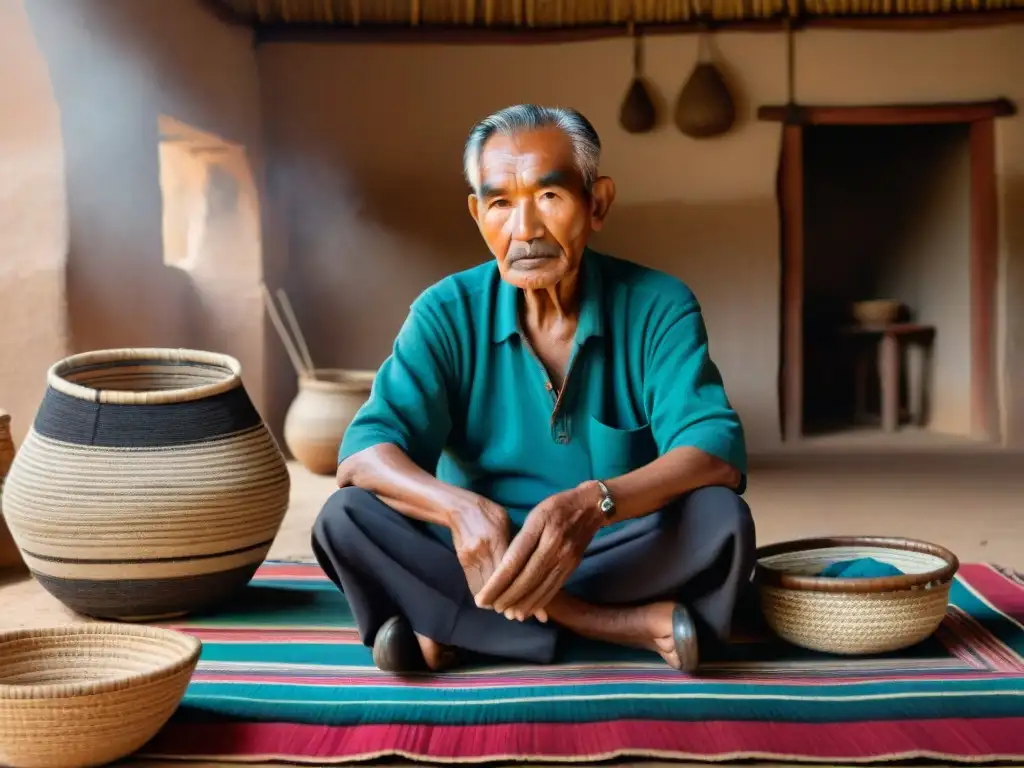 Anciano rarámuri tejiendo en su casa tradicional, rodeado de artesanías