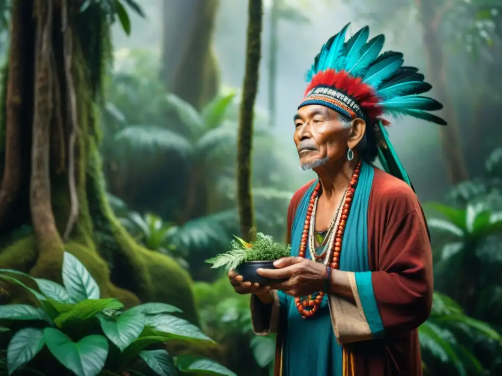 Un anciano chamán cosechando hierbas curativas en la selva brumosa, en un ritual ancestral de conexión con la naturaleza