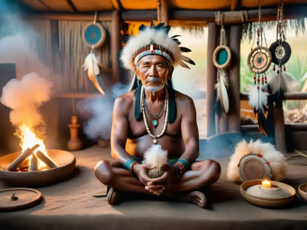 Un anciano chamán indígena meditando en su choza humeante, rodeado de hierbas y amuletos