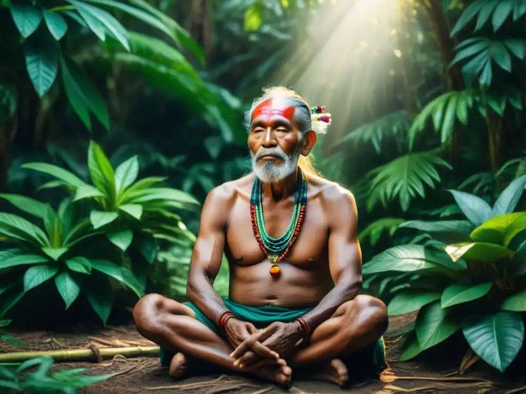 Un anciano chamán se comunica con plantas en la exuberante selva