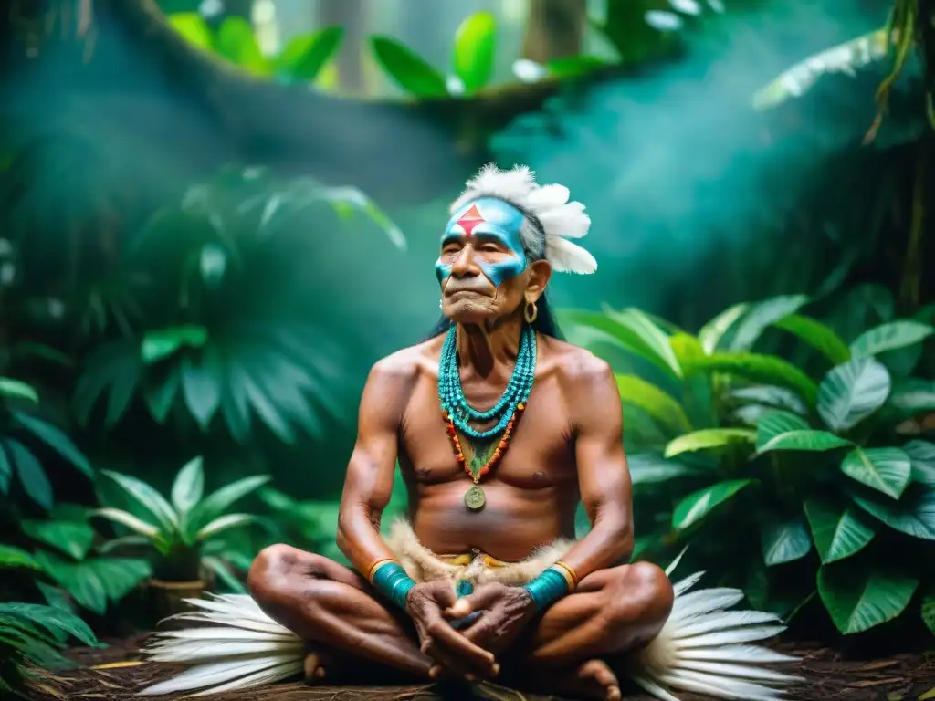 Sanación ancestral en la selva amazónica Un anciano chamán de una tribu indígena amazónica, rodeado de hierbas curativas y plantas, realiza un ritual de sanación espiritual