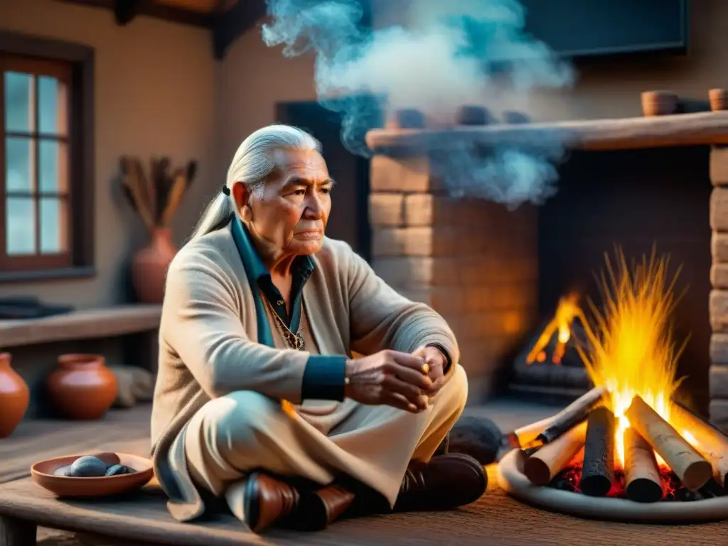 Un anciano Cherokee junto a una fogata rodeado de cerámica tradicional y tecnología moderna, fusionando la cultura indígena Cherokee con lo digital