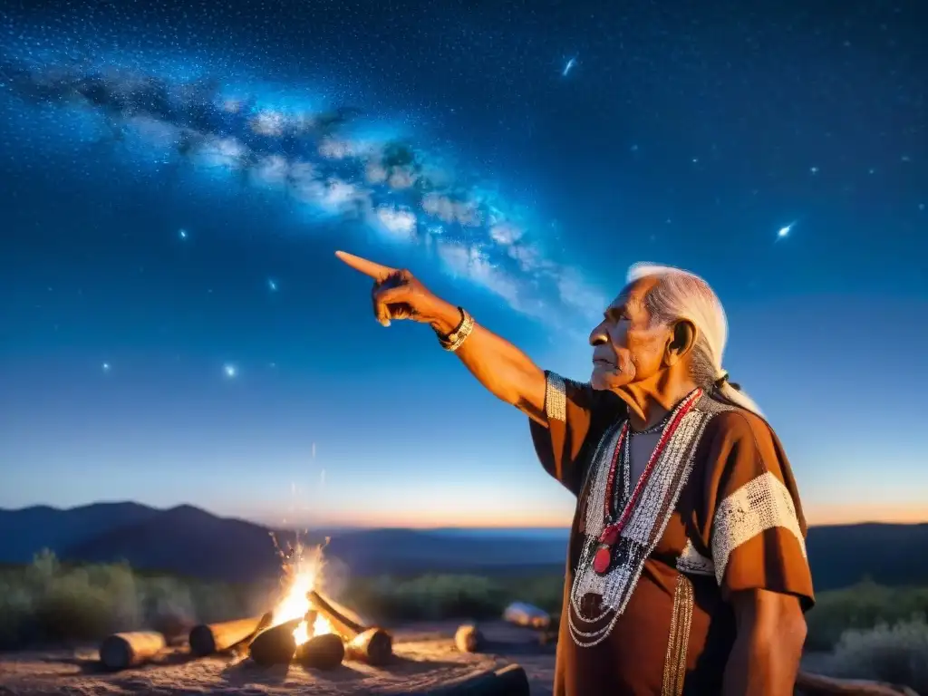 Un anciano indígena señala una constelación bajo un cielo estrellado, rodeado de su comunidad