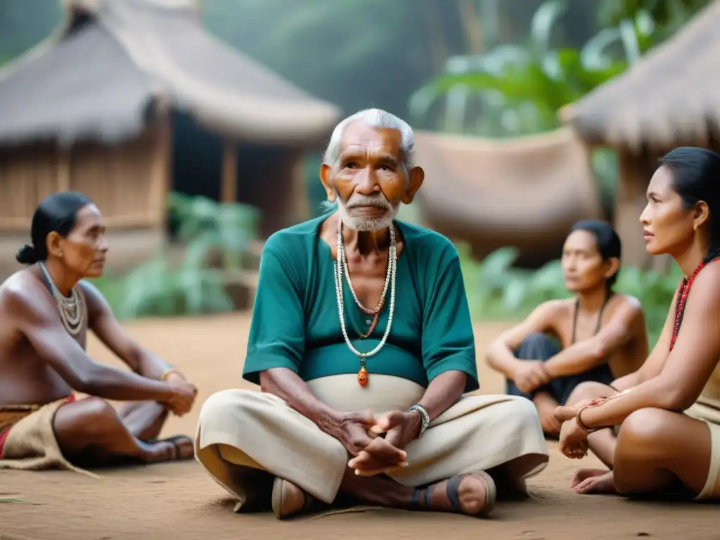 Un anciano de comunidad indígena comparte historias con visitantes diversos en un círculo, mostrando Experiencias auténticas territorios indígenas