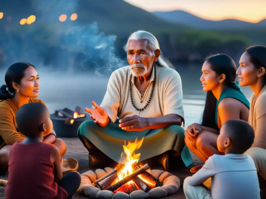 Anciano indígena narra cuentos alrededor del fuego en la noche estrellada, expresando sabiduría y tradición