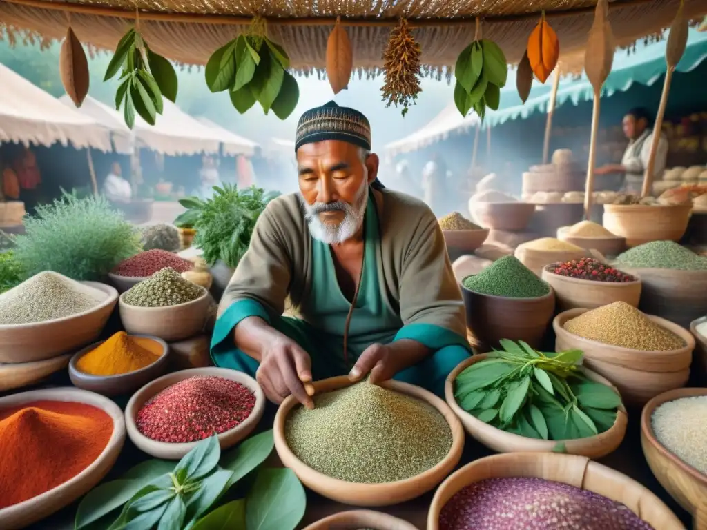 Un anciano curandero elige hierbas en mercado vibrante, lleno de aromáticas hierbas y especias indígenas