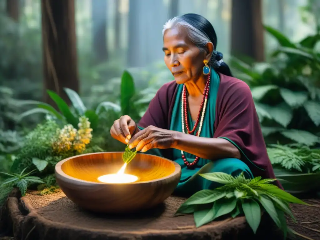 Anciano curandero indígena preparando hierbas en la selva, con la keyword 'Inteligencia artificial en medicina tradicional indígena'