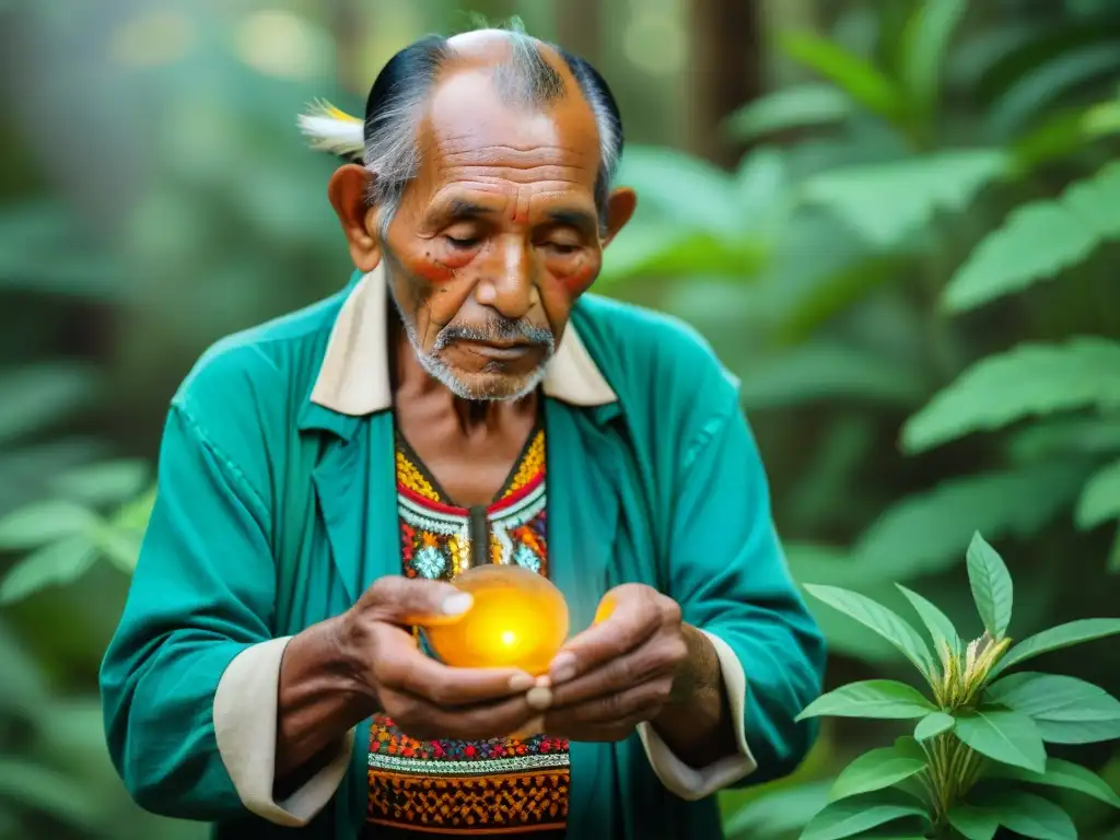 Un anciano curandero indígena selecciona hierbas en un bosque exuberante