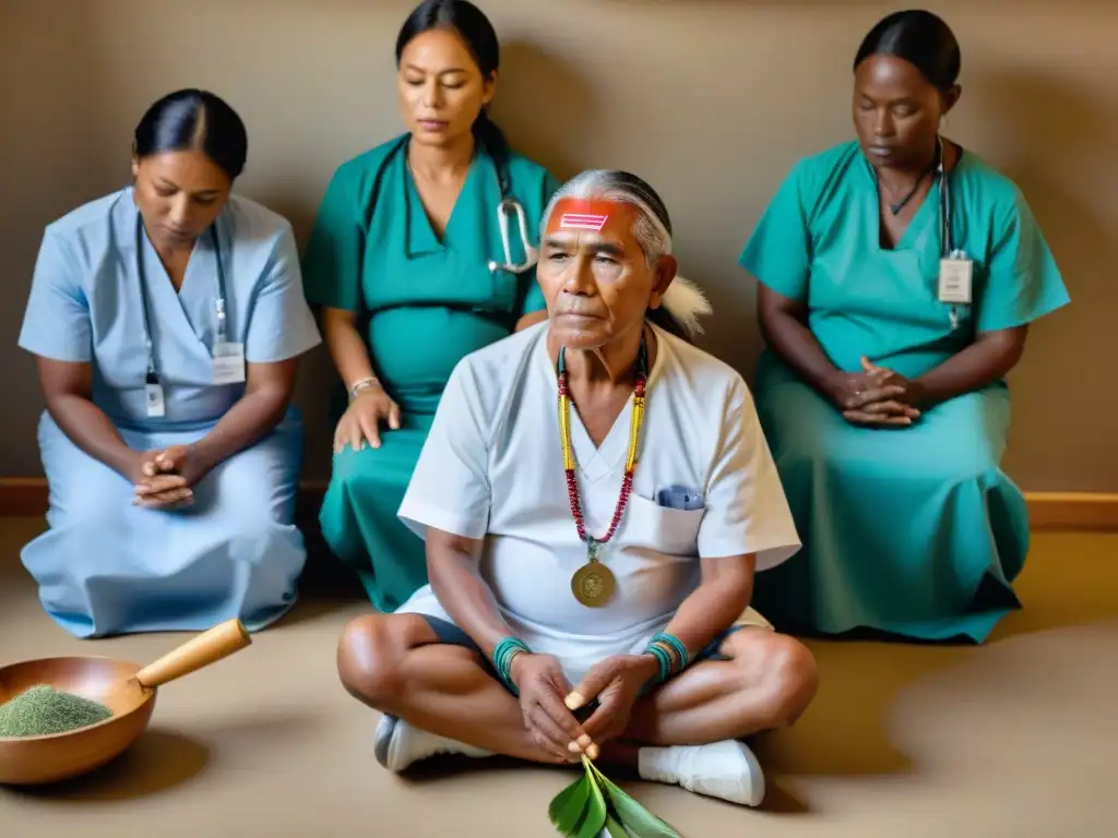 Anciano curandero indígena en hospital moderno practica medicina tradicional