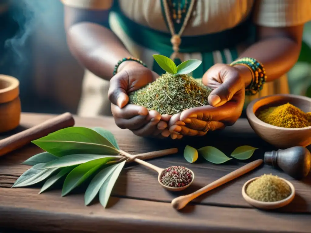 Un anciano curandero indígena preparando una medicina herbal en un entorno rústico, mostrando la validación de la medicina herbal indígena