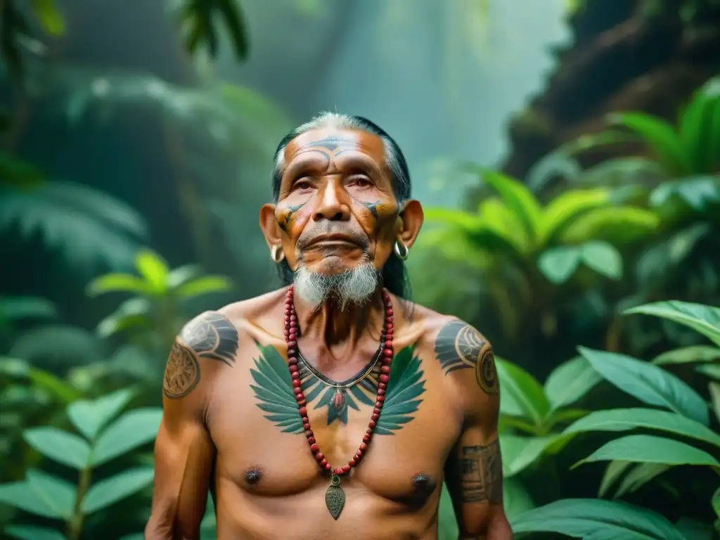 Un anciano curandero indígena cuida con sabiduría plantas medicinales en la mística selva