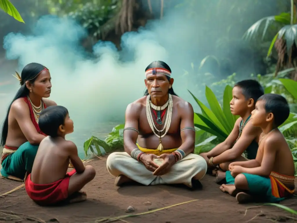 Un anciano enseña a niños indígenas en círculo, rodeados de naturaleza