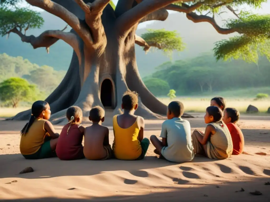 Un anciano enseña a niños indígenas bajo un árbol, reflejando sabiduría y tradición en la educación en comunidades indígenas remotas