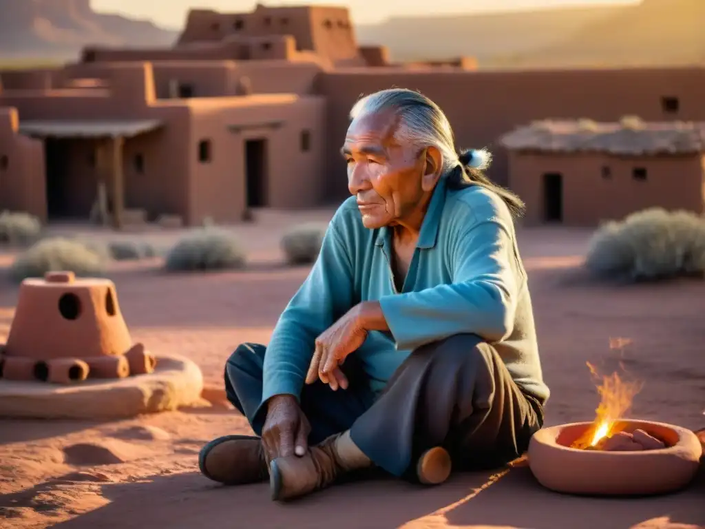 Anciano Hopi tejiendo cerámica, transmitiendo cultura frente a una casa de adobe en Arizona