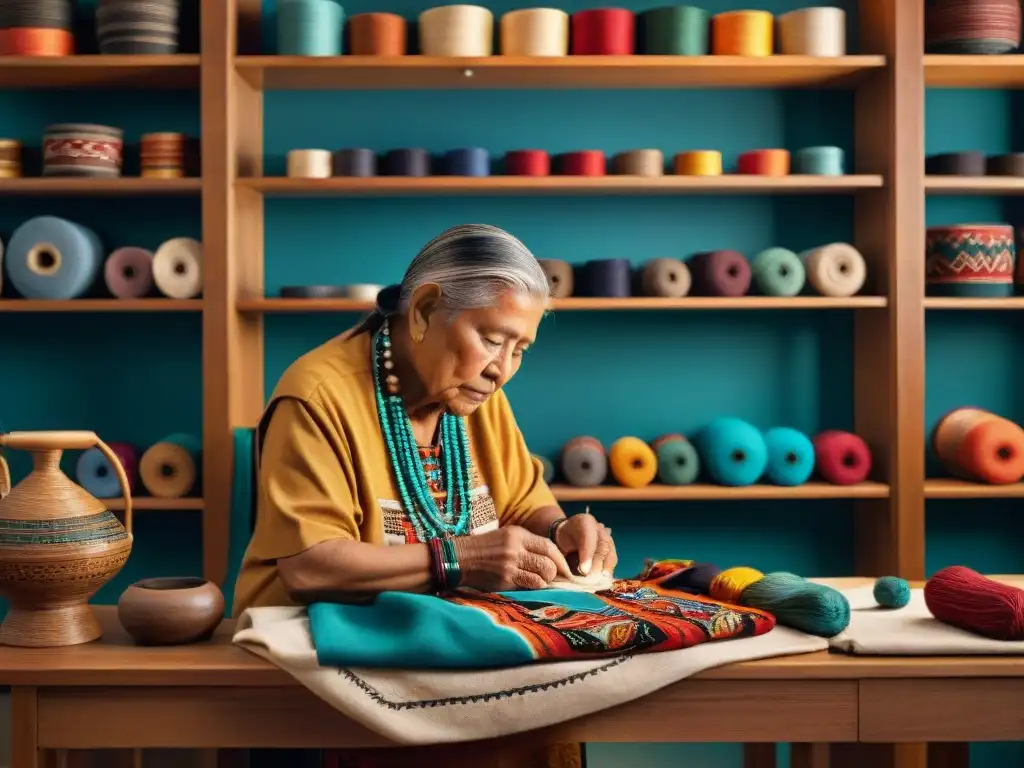 Un anciano Hopi bordando diseños tradicionales con significado en tela vibrante, rodeado de hilos coloridos y artefactos históricos