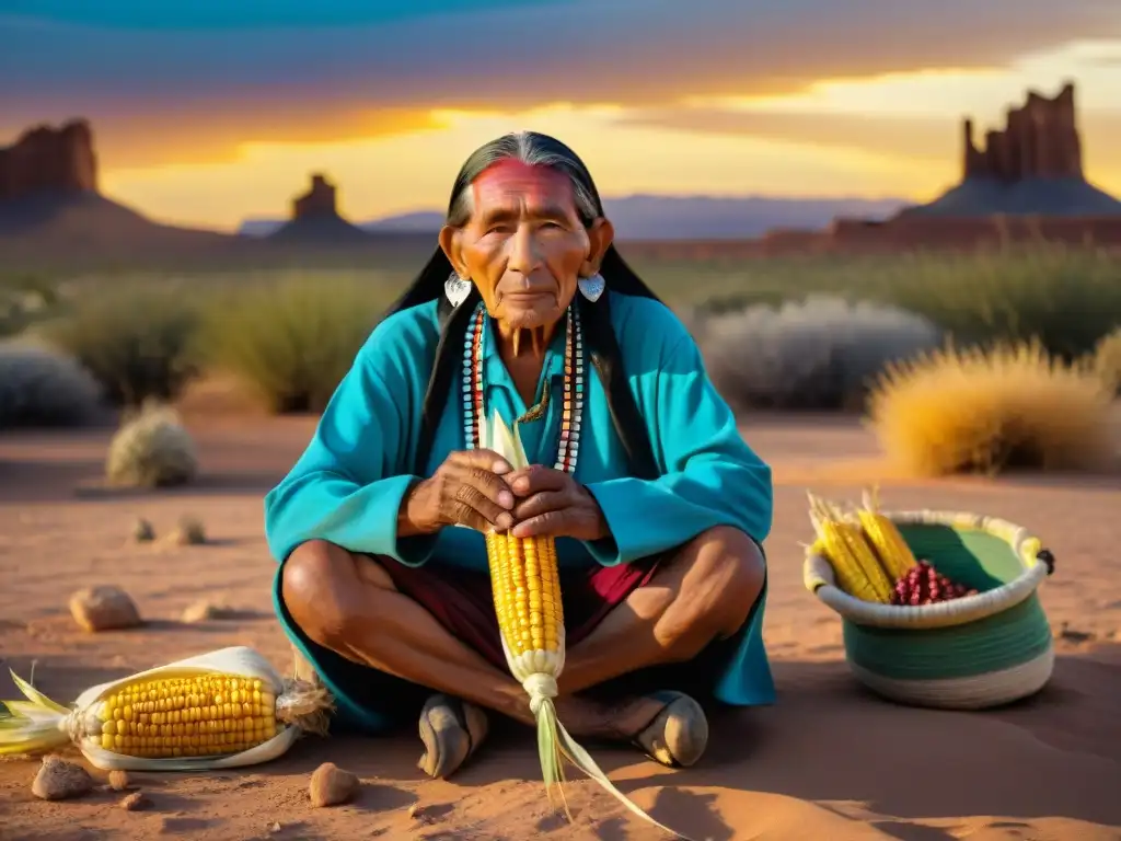 Un anciano Hopi enseña a niños la importancia del maíz en su dieta tradicional, bajo el cálido sol del atardecer en el desierto