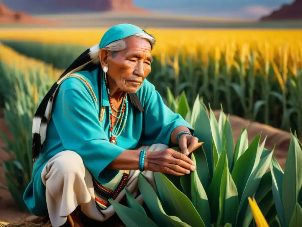 Anciano Hopi cuidando un maizal bajo el sol de Arizona, reflejando la profunda conexión de la dieta tradicional Hopi con la naturaleza