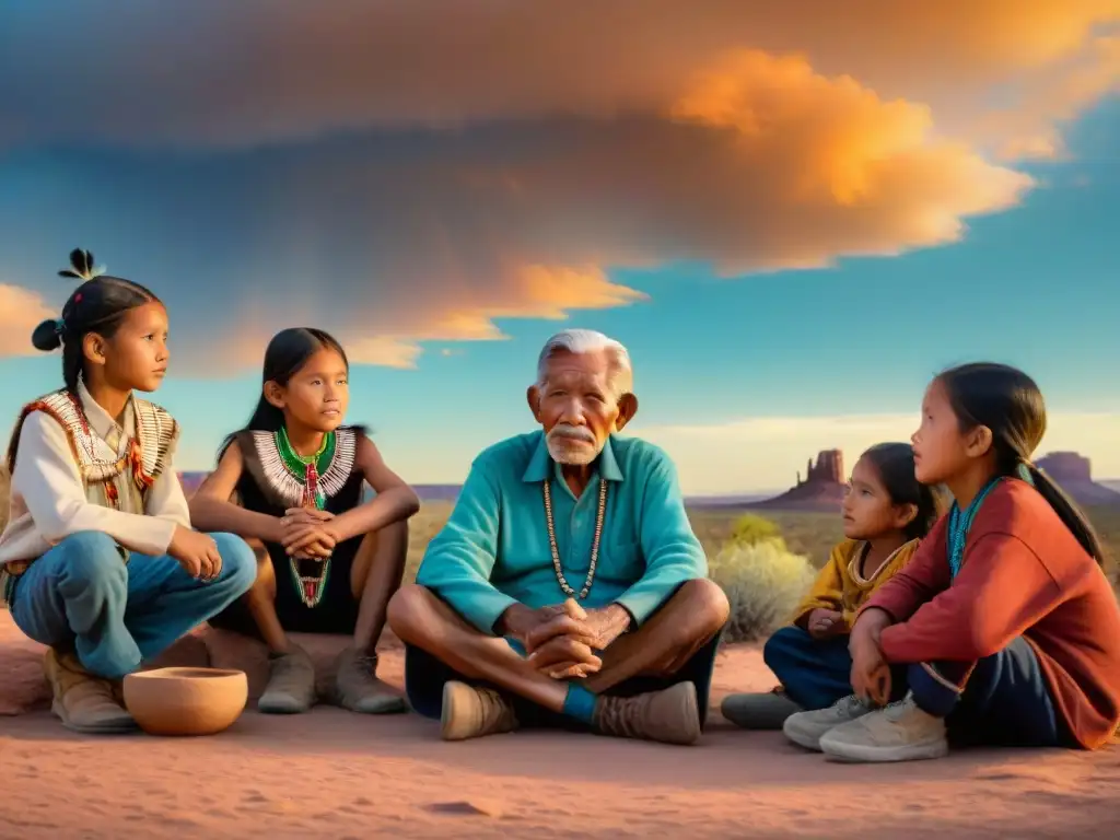 Anciano Hopi comparte sabiduría con niños, transmitiendo cultura y tradición en círculo en desierto de Arizona