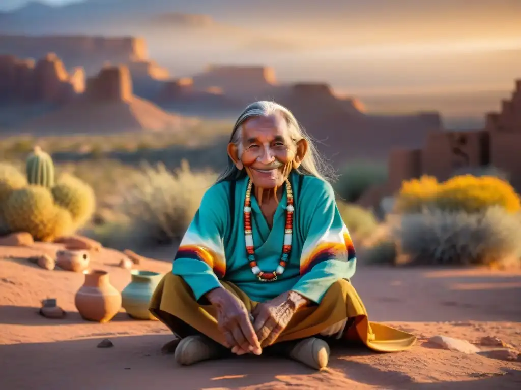 Anciano Hopi sonriente, rodeado de arte y cerámica, transmite la rica cultura hopi en su hogar tradicional en el desierto al atardecer