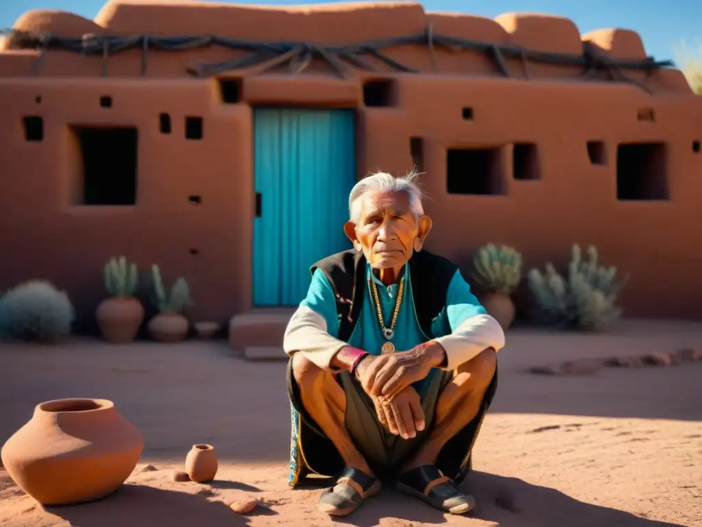 Anciano Hopi tejiendo tradicional cerámica al atardecer en Arizona, resaltando la importancia de los ancianos en la transmisión de la cultura hopi