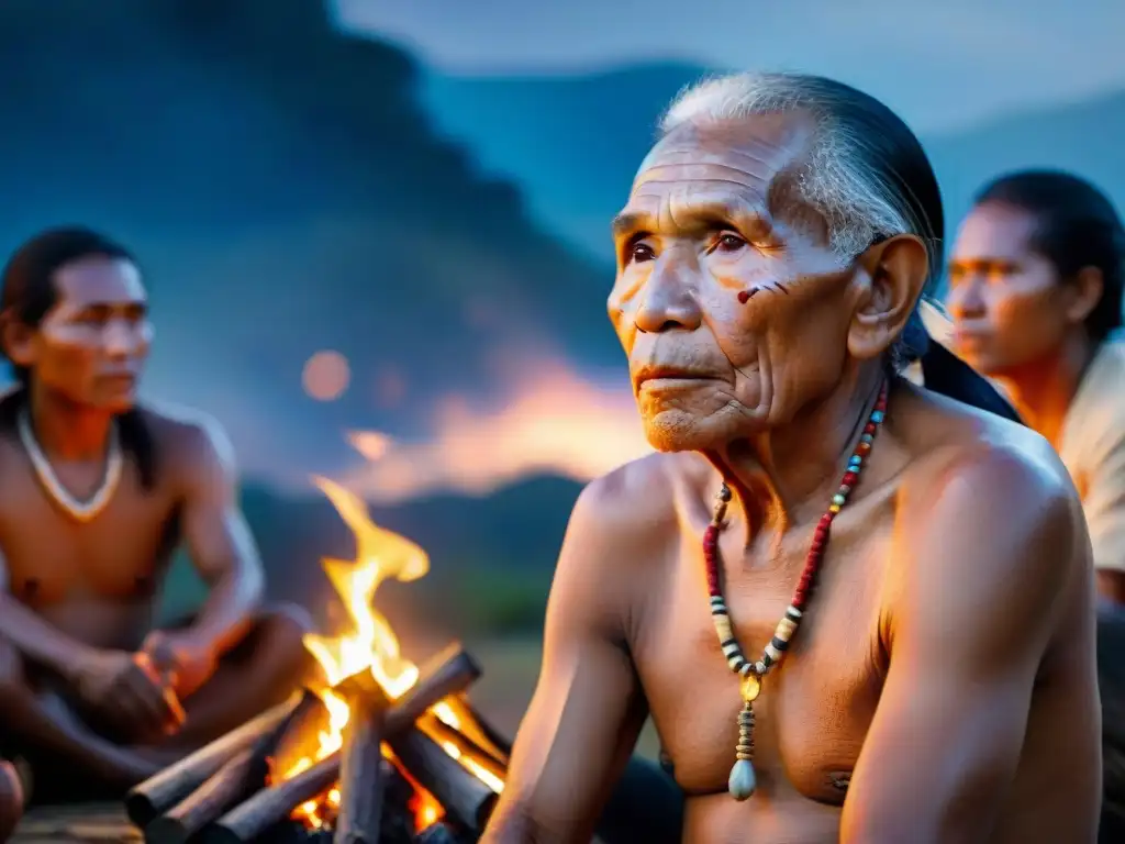 Un anciano indígena de la Amazonia comparte sabiduría junto a jóvenes alrededor del fuego