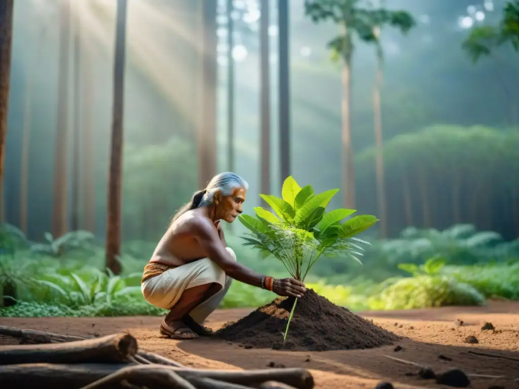 Un anciano indígena planta un árbol con sabiduría, en armonía con la naturaleza