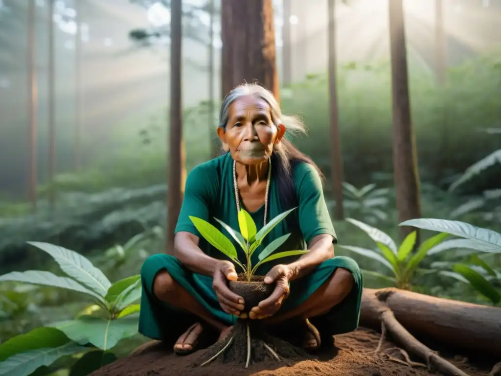 Un anciano indígena planta un árbol en la selva, rodeado de comunidad diversa