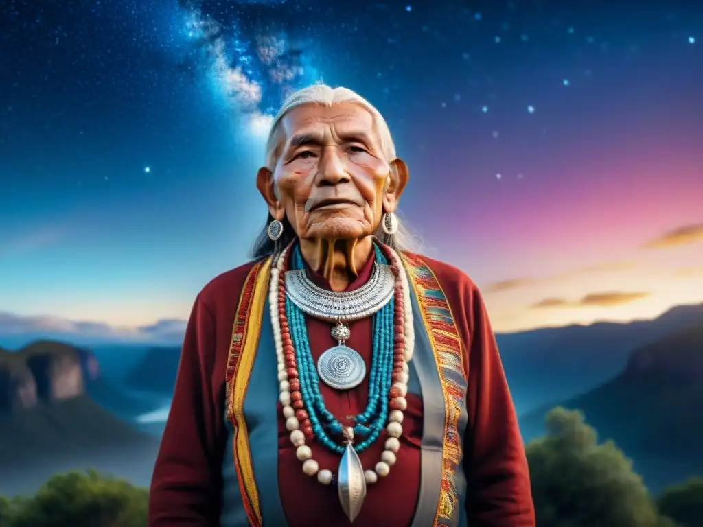 Veneración ancestral bajo el firmamento estrellado Un anciano indígena contempla los astros en la espiritualidad indígena, conectando con el cosmos