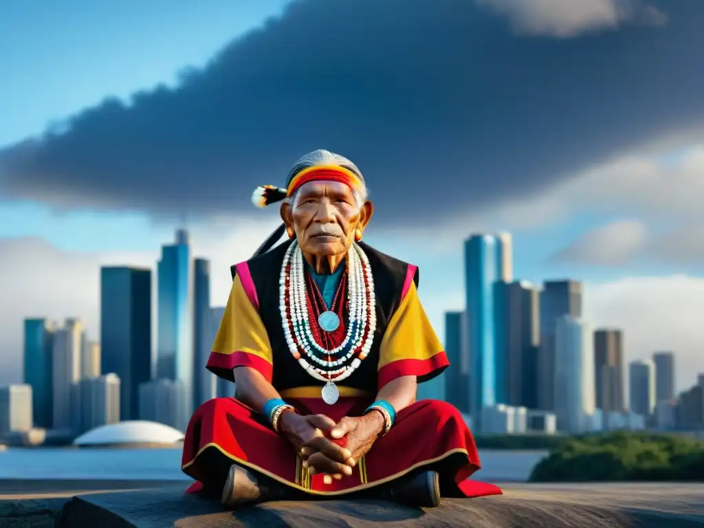 Un anciano indígena con atuendo ceremonial vibrante frente al horizonte urbano, fusionando sabiduría ancestral con la vida moderna