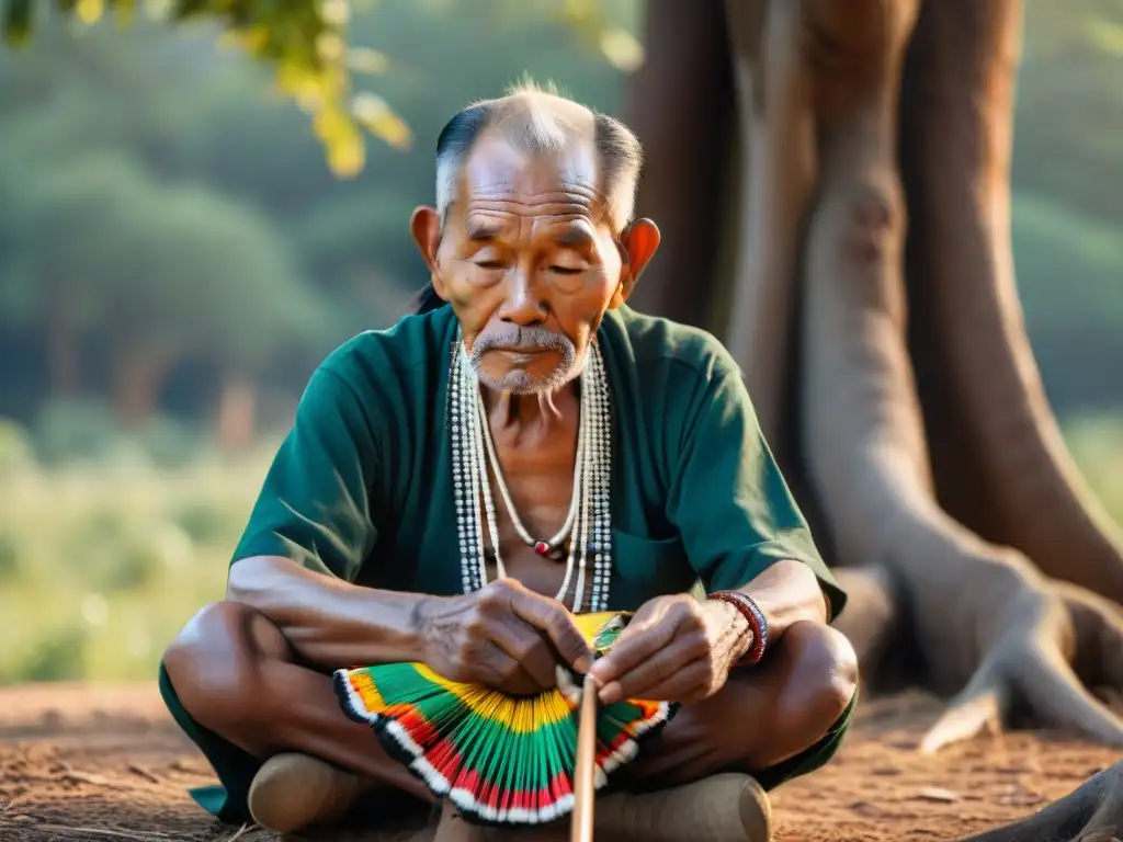 Un anciano indígena sostiene un birimbao, mostrando la influencia africana en música indígena bajo un árbol