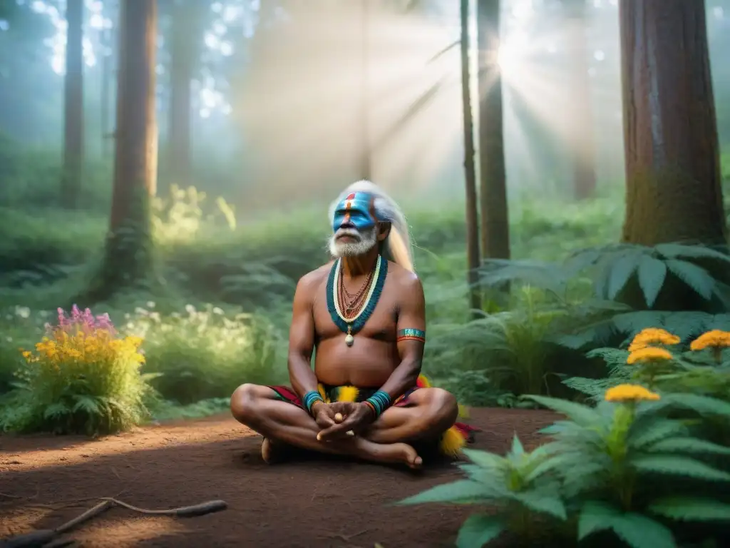 Un anciano indígena en el bosque, conectado con la naturaleza y la sabiduría espiritual