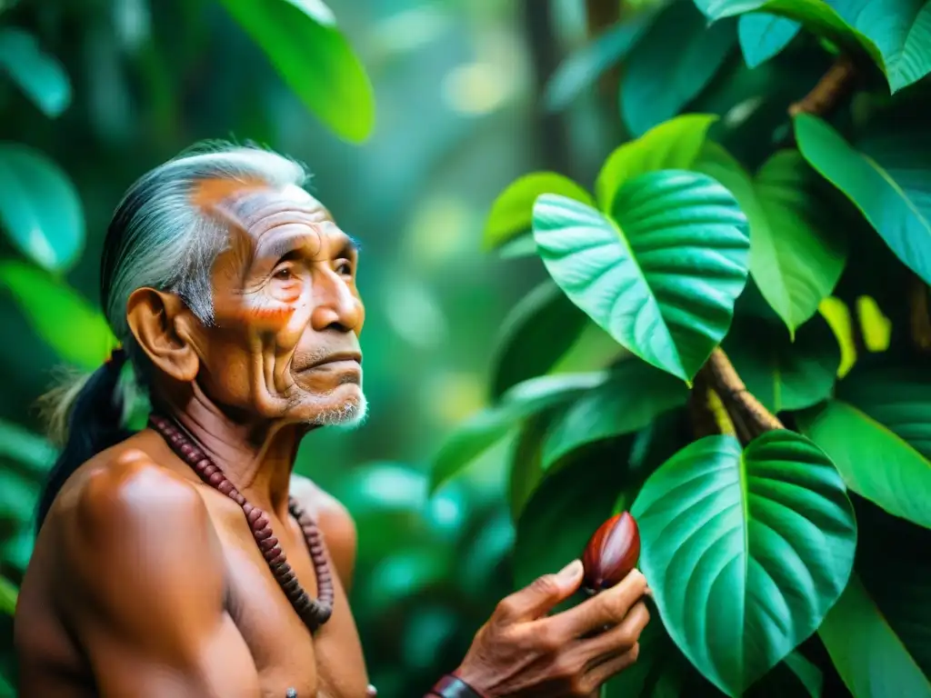 Anciano indígena examinando cacao en la selva, reflejando la cultura del cacao en América