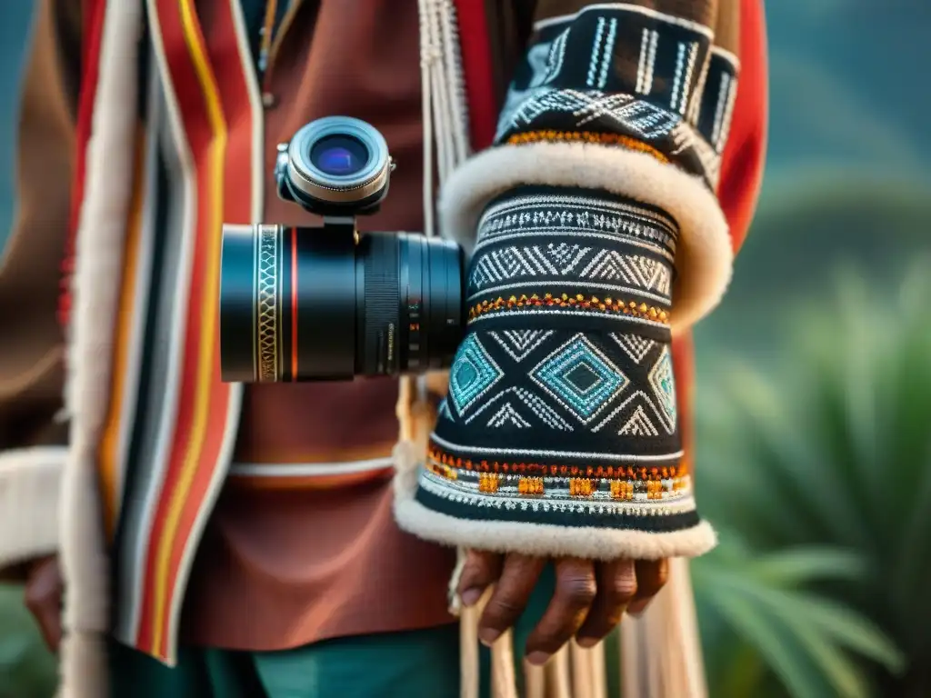 Un anciano fotógrafo indígena sostiene una cámara tradicional, con patrones indígenas detallados en su manga