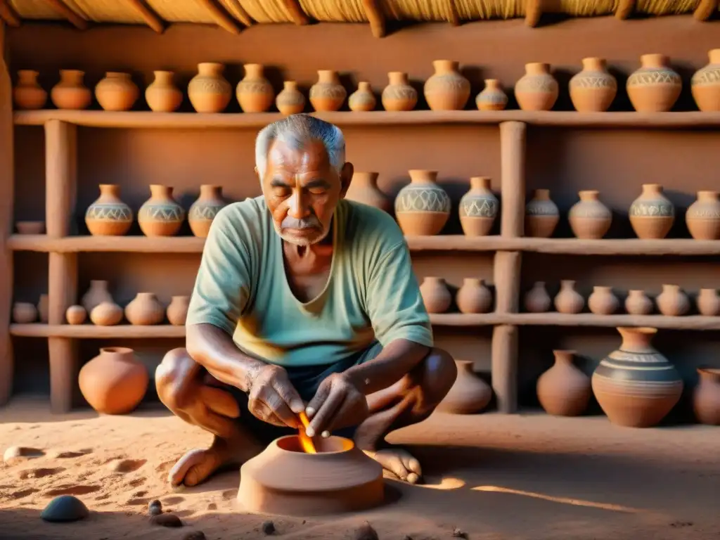 Anciano indígena crea cerámica en cabaña iluminada por fuego