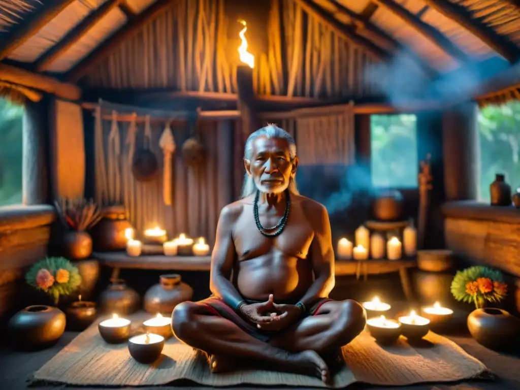 Un anciano chamán indígena en meditación en una choza ceremonial iluminada por velas, rodeado de hierbas medicinales