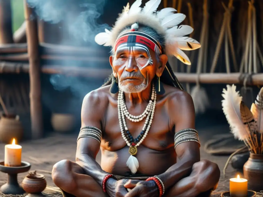 Un anciano chamán indígena en una choza ceremonial, rodeado de luz de velas, hierbas y plumas, sosteniendo un manojo de salvia humeante