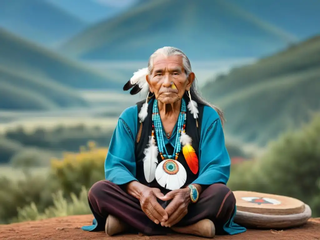 Un anciano indígena en armonía con un círculo de piedras, plumas y patrones, representando principios espirituales de culturas indígenas