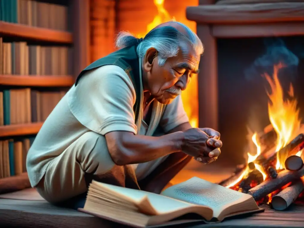 Un anciano indígena contemplativo cerca del fuego con libros antiguos, simbolizando la transmisión de sabiduría