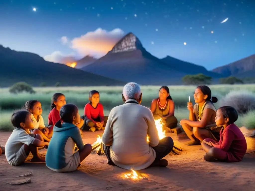 Anciano indígena relata cuentos junto a niños, en conexión con la educación indígena de transmisión oral