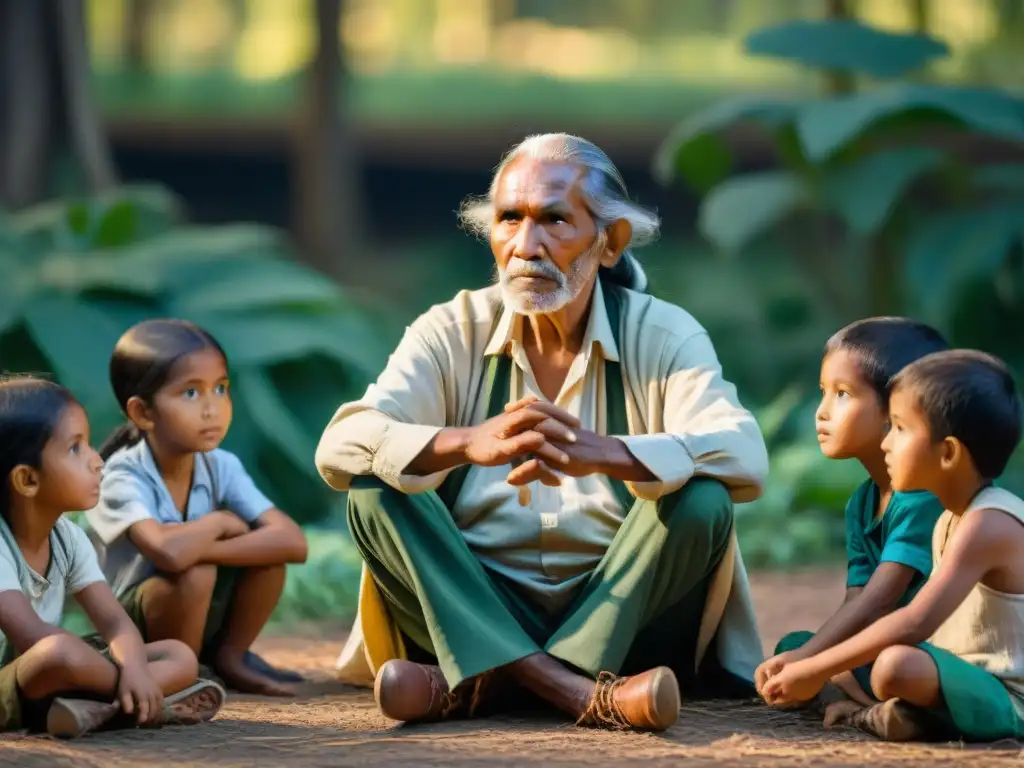 Anciano indígena relata cuentos a niños en la selva