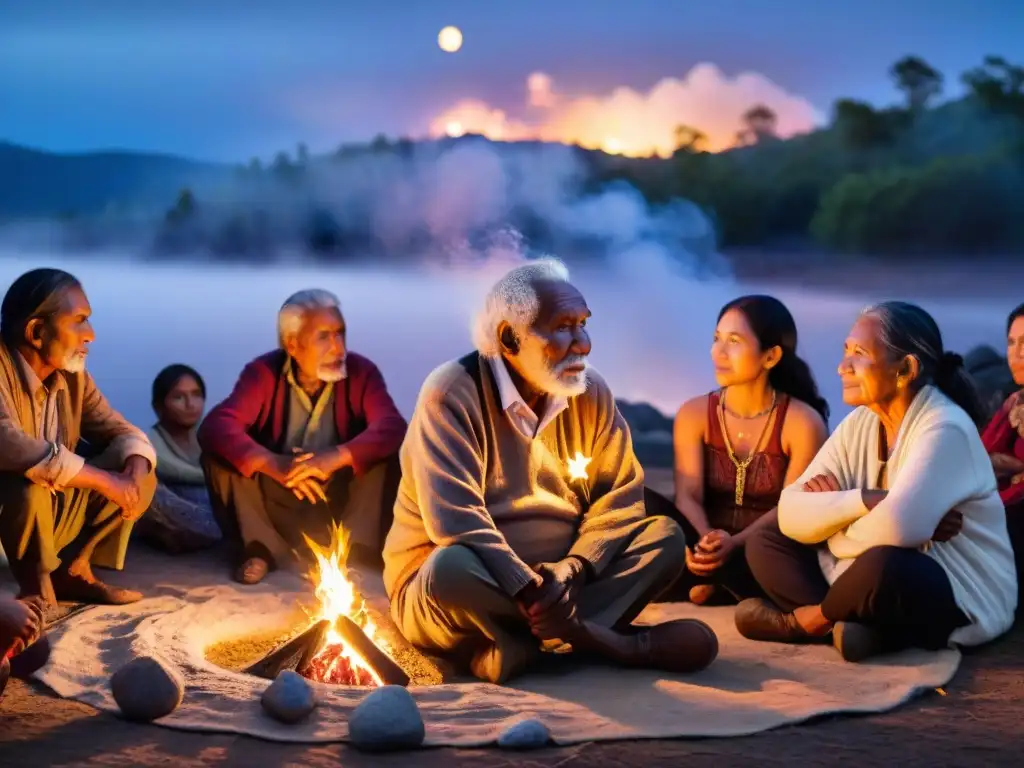 Anciano indígena relata cuentos tradicionales junto a oyentes de todas las edades bajo cielo estrellado en la selva