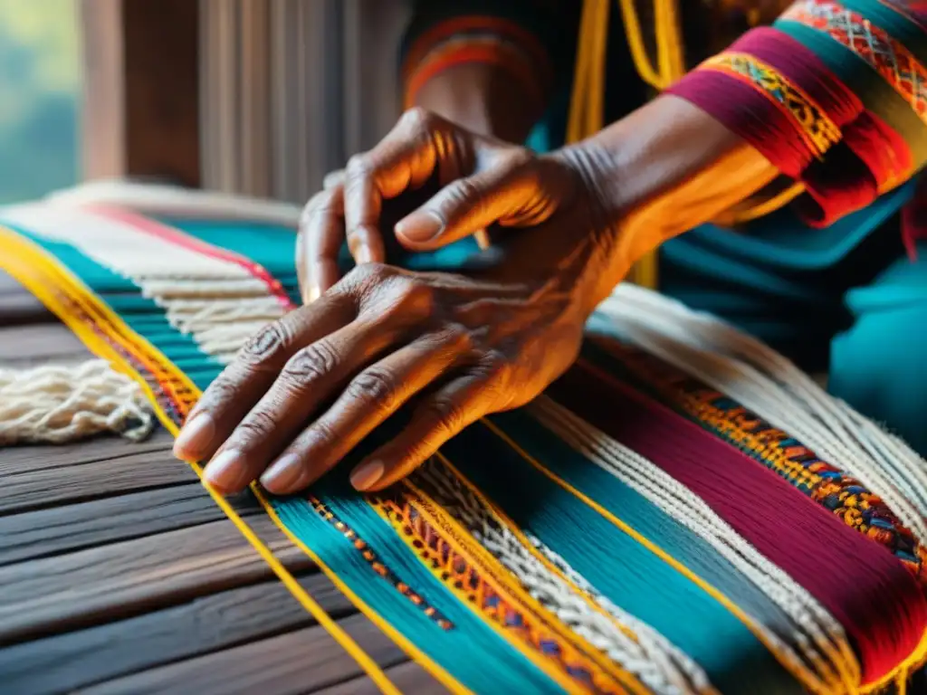 Tejido ancestral: manos indígenas crean arte vibrante Un anciano indígena teje con detalle hilos vibrantes en un patrón tradicional, en un interior rústico iluminado débilmente